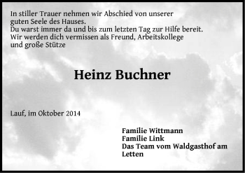 Traueranzeige von Heinz Buchner von Pegnitz-Zeitung